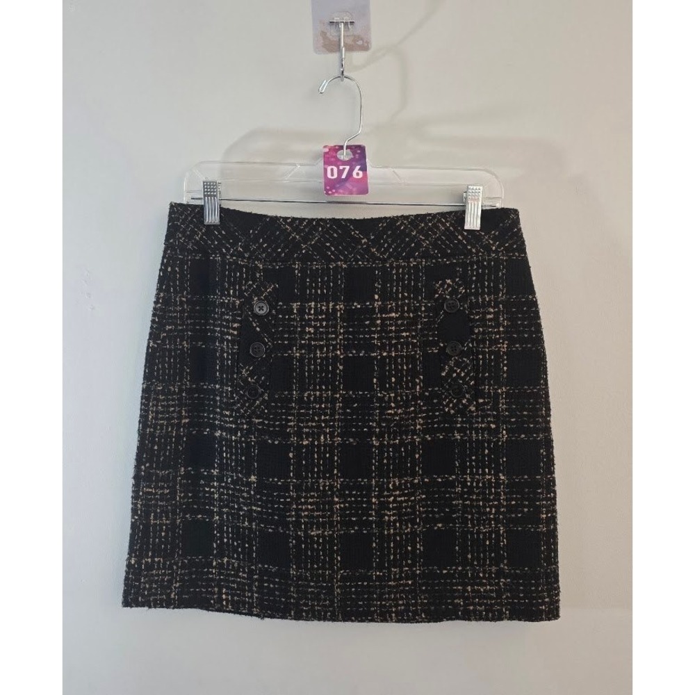 LOFT Womens Skirt Pencil Black Plaid Tweed Dark Academia Mini Autumn Button Sz 4
